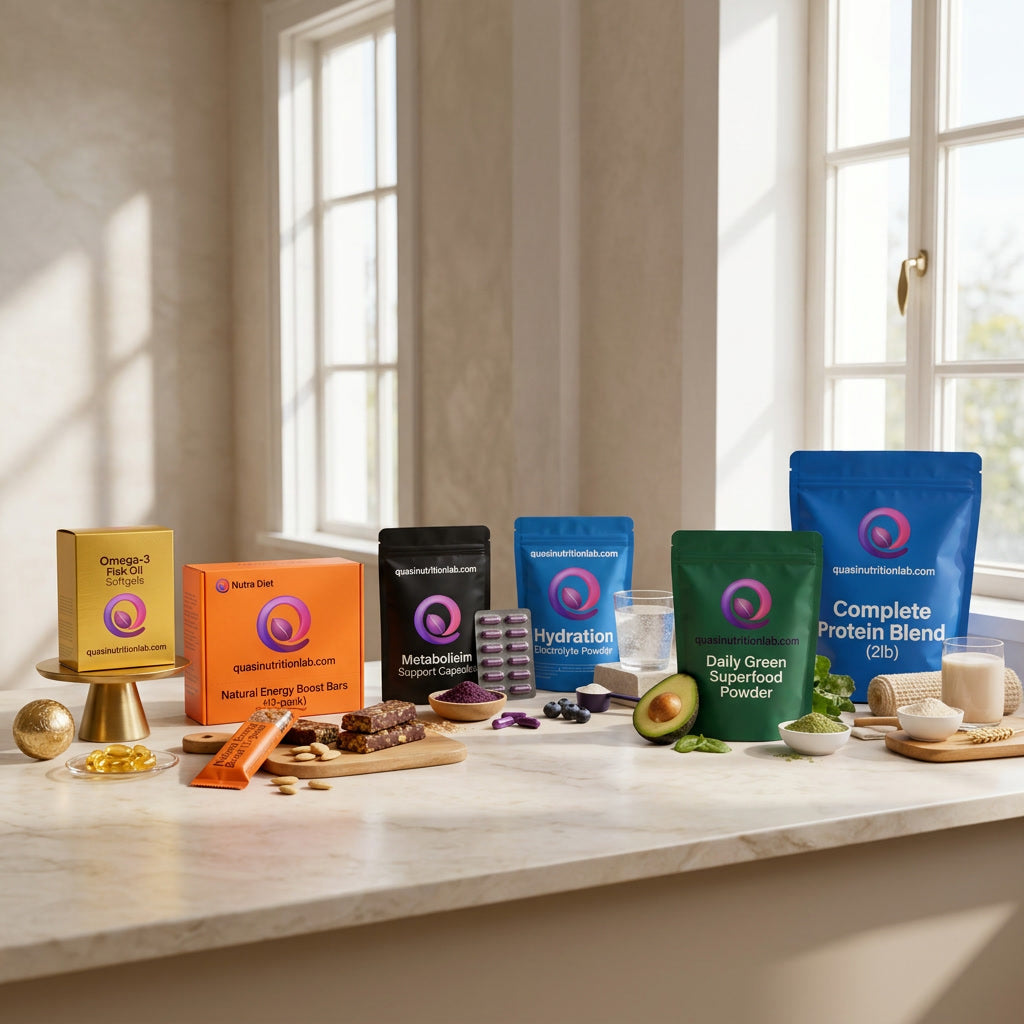 The full Quasi Nutrition Lab product range on a kitchen counter
